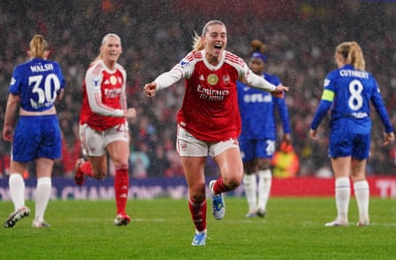 Alessia Russo celebrates scoring Arsenal’s third goal during the Women’s Champions League 2025/26 quarter-final first-leg match against Chelsea