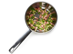 Start the soup off by gently sweating the onions and bacon, taking care not to let them colour