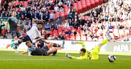 Bolton Wanderers' Elias Kachunga scores during the final in April 2023