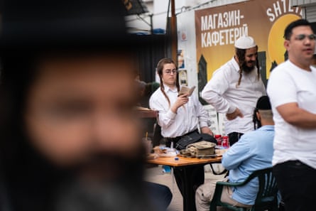 Male pilgrims in the streets of Uman.