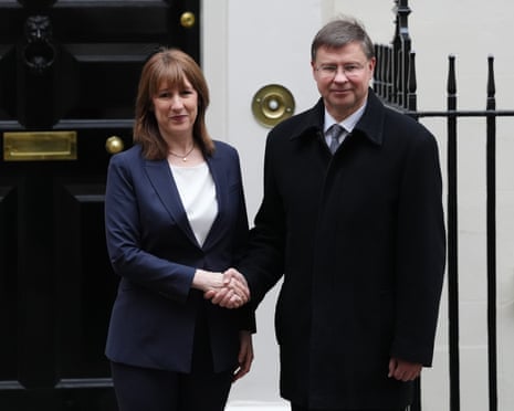 Rachel Reeves welcomes Valdis Dombrovskis to 11 Downing Street in London
