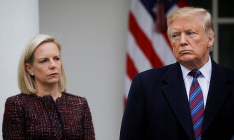 The then homeland security secretary, Kirstjen Nielsen, with Donald Trump in the Rose Garden of the White House in Washington.