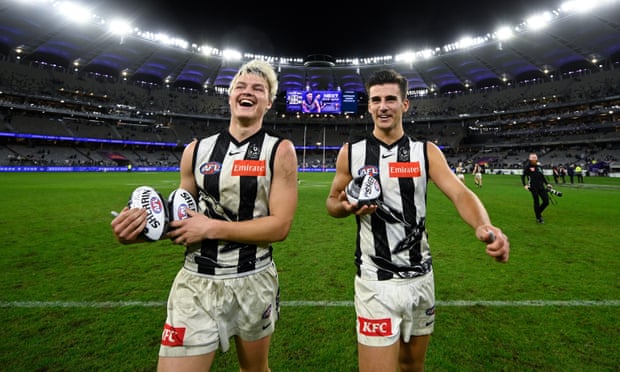 Jack Ginnivan and Nick Daicos after the Pies’ round 10 win at Optus Stadium.