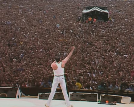 Queen performs at Wembley for Live Aid.