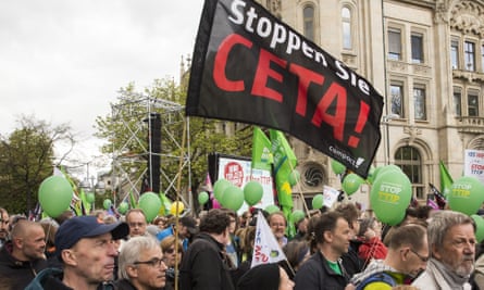 Protesters in Hannover at a march against the TTIP and CETA free trade agreements on the eve of a visit by Barack Obama