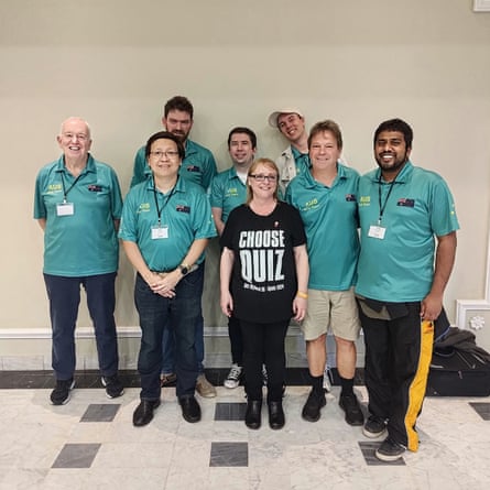 Australia's representatives at the 2024 Quizzing Olympiad in Spain (Aaran Mohann is far right), with Jane Allen of the International Quizzing Association.