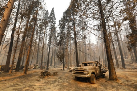 A sepia landscape under a cloudy sky, of burned trees and a burned-out truck.
