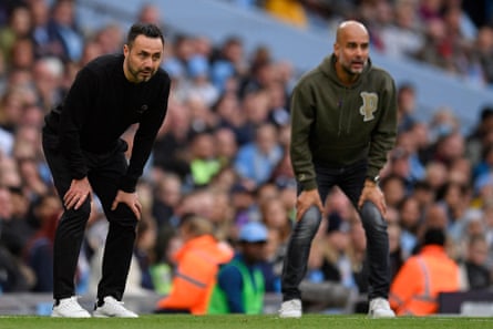Roberto De Zerbi on the touchline with Pep Guardiola.