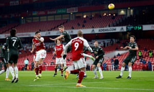 Arsenal’s Granit Xhaka has a headed attempt on goal.