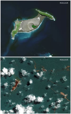 A combination of satellite images shows the Hunga Tonga-Hunga Ha’apai volcano in April 2021 and the same area on January 18 2022