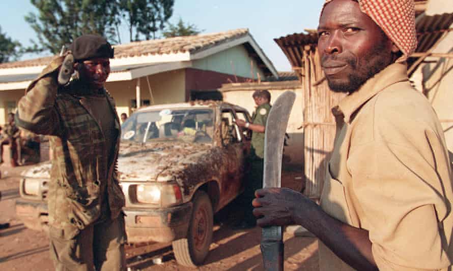 Rwanda: blood on their hands – archive, 1994 | Rwanda 4 An Interahamwe Hutu militiaman holding a machete in Gitarama, centre Rwanda, 12 June 1994.