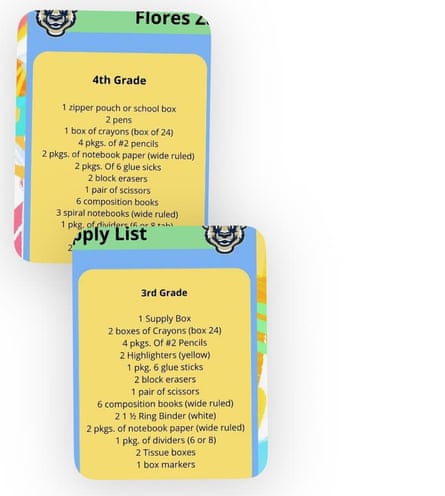 Two screenshots of supply lists, on a yellow background.