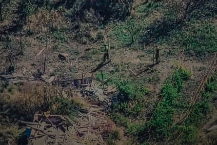 Aerial view of the ruins of a house destroyed by war