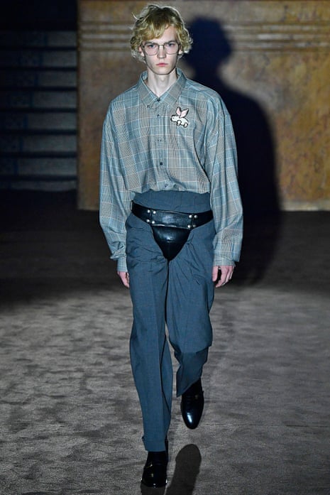 A model wears a codpiece during a Gucci show at Paris fashion week