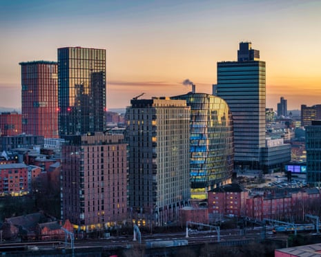 Manchester skyline showing towers of newly built apartments and offices, 2024.