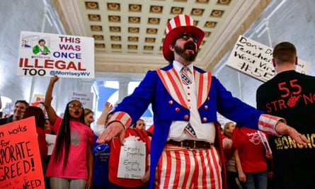 Parry Casto, from Huntington, West Virginia, leads a rally outside the senate chambers in Charleston last month.