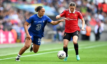 Manchester United’s Hannah Blundell challenges Chelsea’s Lauren James