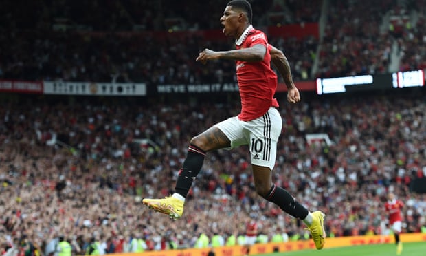 Marcus Rashford jumps for joy after scoring his first goal against Arsenal at Old Trafford.