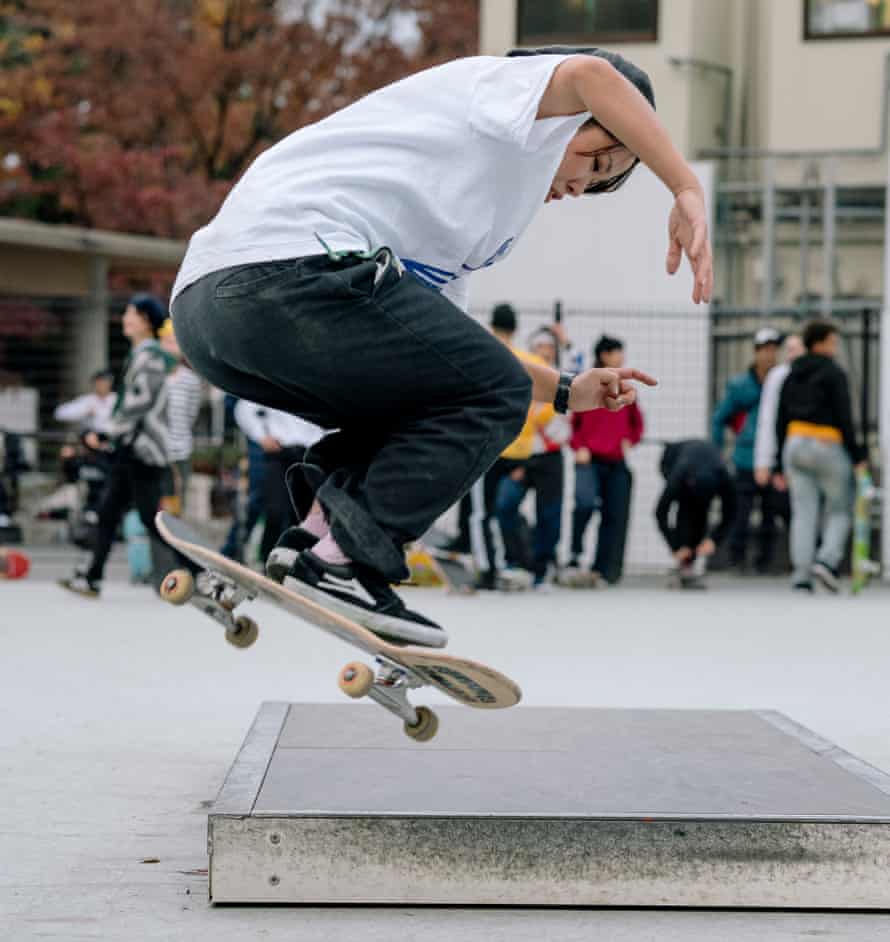 Yuri does a pop shuvit on a ledge at Komazawa Skatepark in Tokyo, Japan.