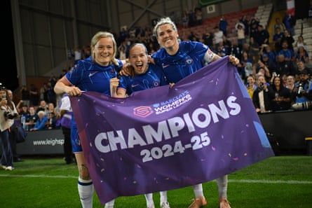 Erin Cuthbert, Guro Reiten and Millie Bright celebrate following their team’s victory at Manchester United on Wednesday night