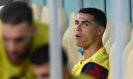 Cristiano Ronaldo watches Portugal v Switzerland from the bench in Qatar