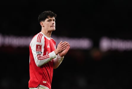 Arsenal’s Christian Nørgaard at the final whistle after the FA Cup fourth round win against Wigan at the Emirates Stadium