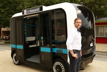 Local Motors CEO and co-founder John B Rogers, Jr, introduces Olli, a 12-passenger self-driving shuttle, in Fort Washington, Maryland. Olli uses the cognitive computing ability of IBM Watson.