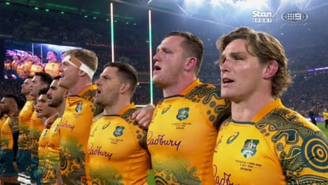 Wallabies sing Australian anthem in Indigenous language before Test with England – video