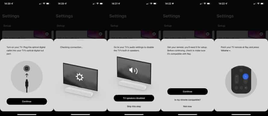A series of screenshots from the Sonos app showing the setup procedure for the Ray soundbar.