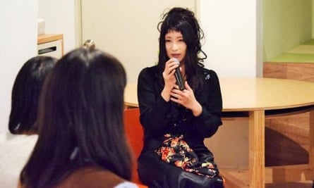 Kurumin Aroma talks at a public event about her experience of being forced to appear in pornographic films.