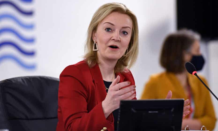 British Foreign Secretary Liz Truss speaks during a G7 foreign and development ministers session.