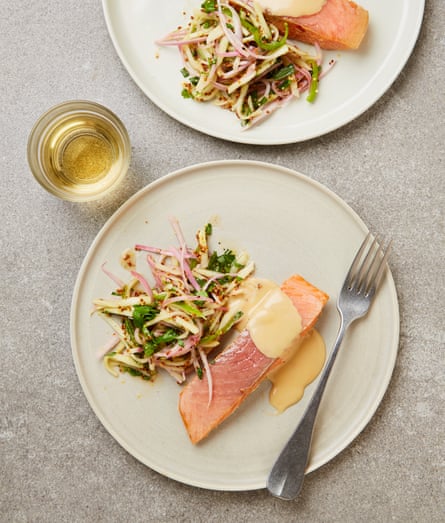 Yotam Ottolenghi’s baked trout with apple and mustard slaw.