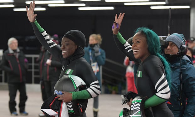 Nigeria’s Seun Adigun (left) and Akuoma Omeoga after their historic bobsleigh run.