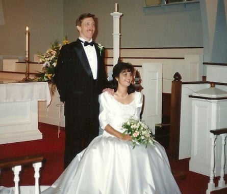Man in tux, woman in wedding dress.