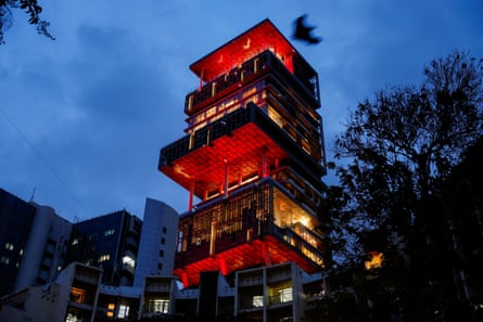 Antilia, the house of Indian businessman Mukesh Ambani, is decorated ahead of his son’s wedding, in Mumbai.