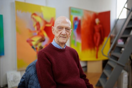 Allen Jones in his studio in Oxfordshire with paintings in the background