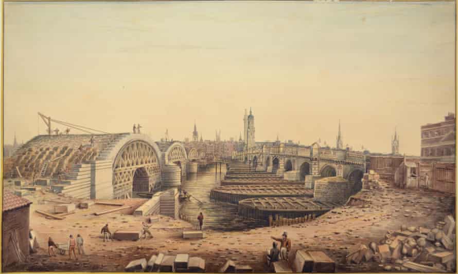 Old and New London Bridges, 1828, by Gideon Yates Bishopsgate Institute from Watercolour World.