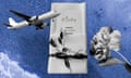 Composite of wedding menu, planes and flowers.