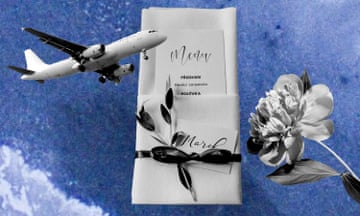 Composite of wedding menu, planes and flowers.