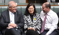 Scott Morrison in parliament with Gladys Liu and Josh Frydenberg.