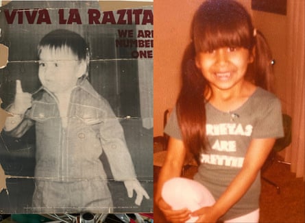 Composite of a very young child holding one finger up with the phrase ‘Viva la razita! We are number one!’ and another of a child smiling with a shirt that says ‘Prietas are prettier’