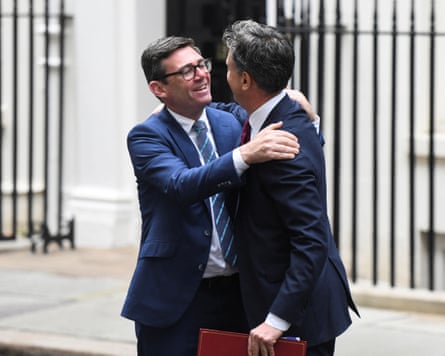 Andy Burnham and Ed Miliband embracing outside No 10 in 2024.