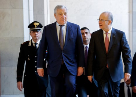 Italy’s foreign minister Antonio Tajani (L) and Palestinian prime minister Mohammed Mustafa (R) attend their meeting at Farnesina Palace, in Rome, on Saturday.