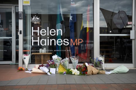 Tributes and flowers are seen for independent federal MP Helen Haines at her electoral office in Wangaratta.