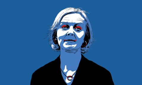 Illustration of Liz Truss’s head against blue background, with white shading across it and red on her eyelids and lips