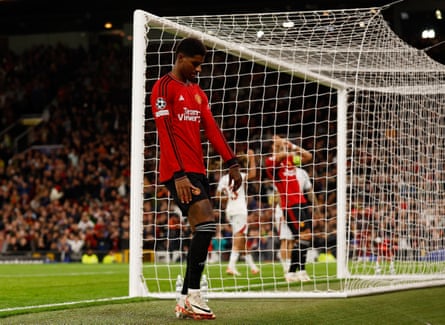 Marcus Rashford reacts after missing a chance against Galatasaray