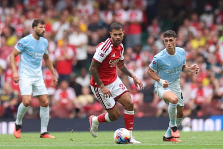 Bruno Guimarães playing for Arsenal against Manchester City in the Community Shield