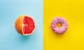 Graphic illustration split down the middle into a pastel blue background with a juicy pink grapefruit on pastel blue, and a pink donut with rainbow sprinkles on a yellow background.