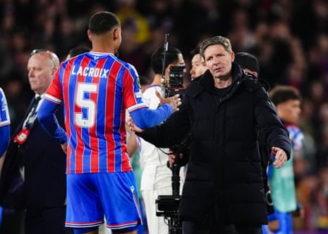 Oliver Glasner (right) congratulates Maxence Lacroix after Crystal Palace’s emphatic victory over FIorentina.