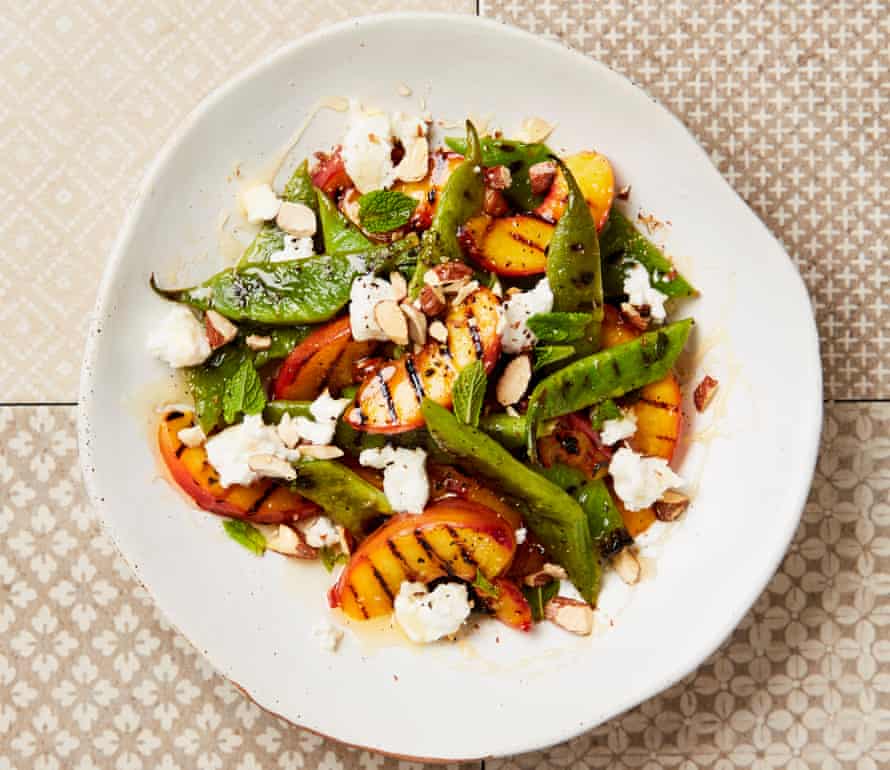 Yotam Ottolenghi’s grilled peaches and runner beans with goat’s cheese.